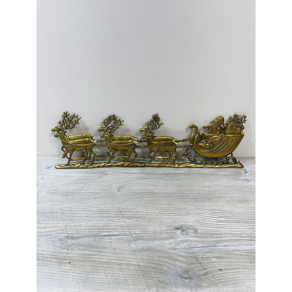 Brass Wall Hanging Christmas Holiday Santa Reindeer Sleigh JAC 1984 Taiwan 22”